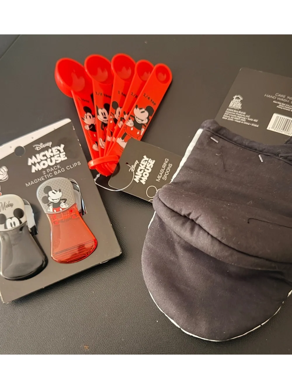 Disney Mickey Mouse Kitchen Set - Measuring Spoons, Magnetic Bag Clips, Mini Mit